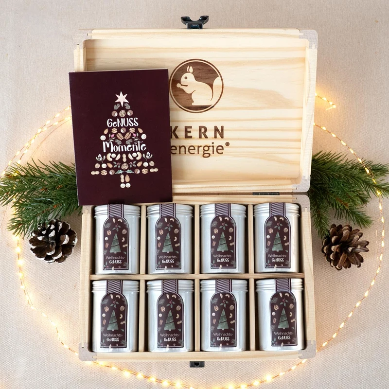 Weihnachtsgeschenk Set - Holzbox medium mit Grußkarte